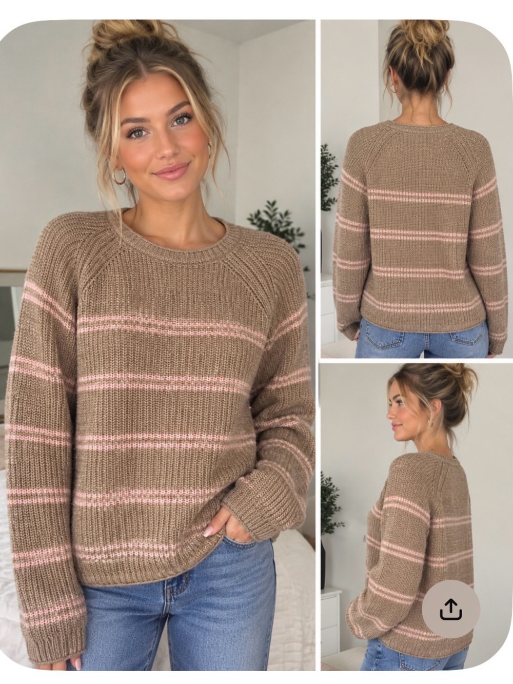 a new day Taupe & Pink Striped Crewneck Sweater